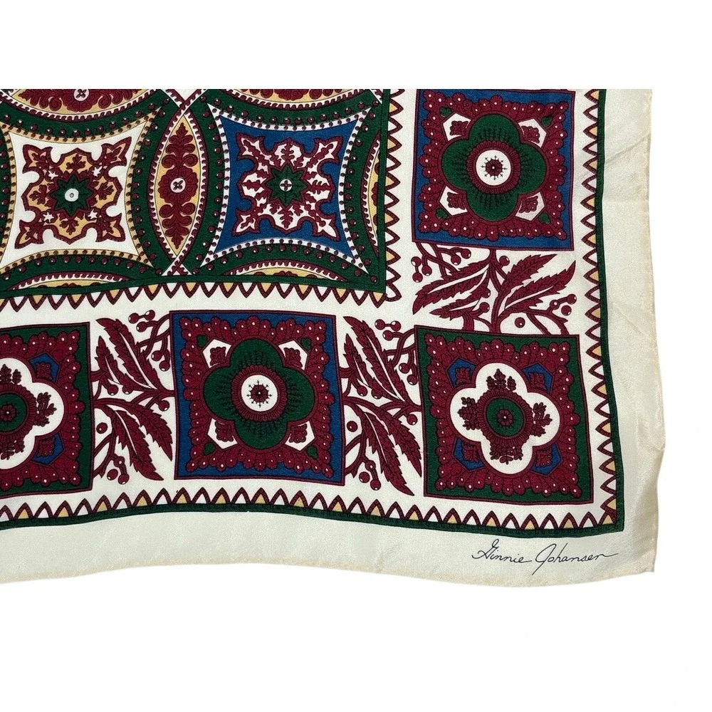 Ginnie Johansen Vintage Silk Square Shawl Burgundy Green Mosaic Head Scarf